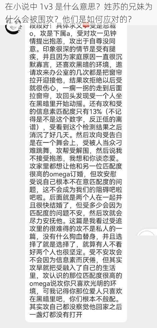 在小说中 1v3 是什么意思？姓苏的兄妹为什么会被围攻？他们是如何应对的？